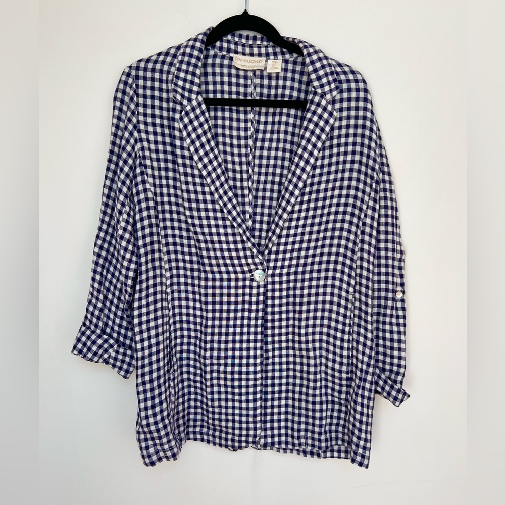 Cynthia Rowley (S) 100% Linen Navy Gingham Casual Blazer Lightweight w/ Pockets